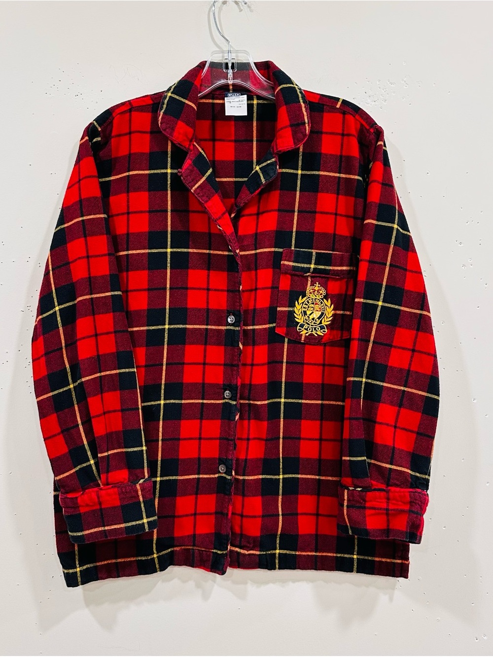 Vintage Polo Ralph Lauren Red Tartan Plaid Flannel Pajama Shirt Size S Crest